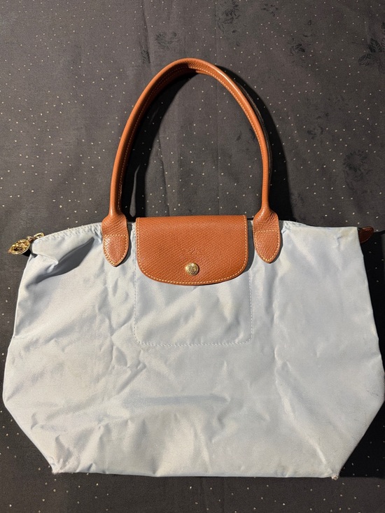 Longchamp Handbags - Longchamp Light Blue Tote with Brown Leather Trim